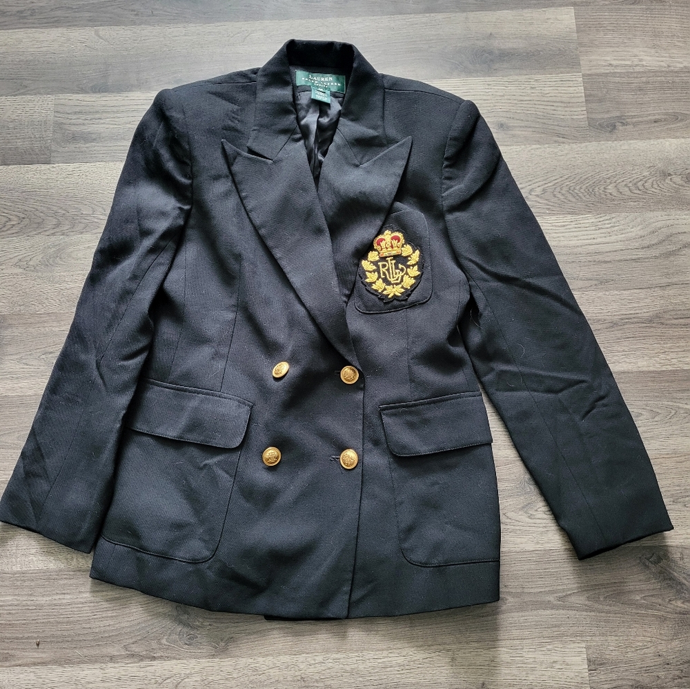 Lauren Ralph Lauren Black Wool Button Jacket Blazer Crest Crown